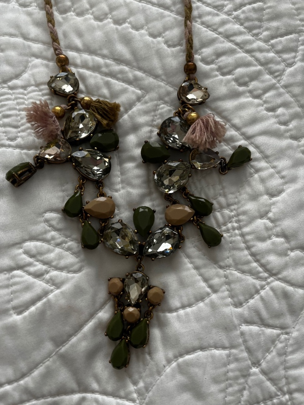 J crew necklace with stones and sparkly rhinestones